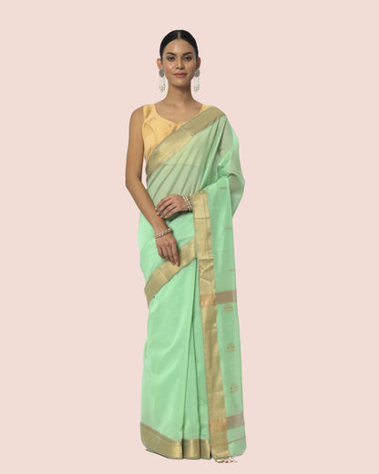 Pastel Green Maheshwari silk cotton with jari Butti Pallu