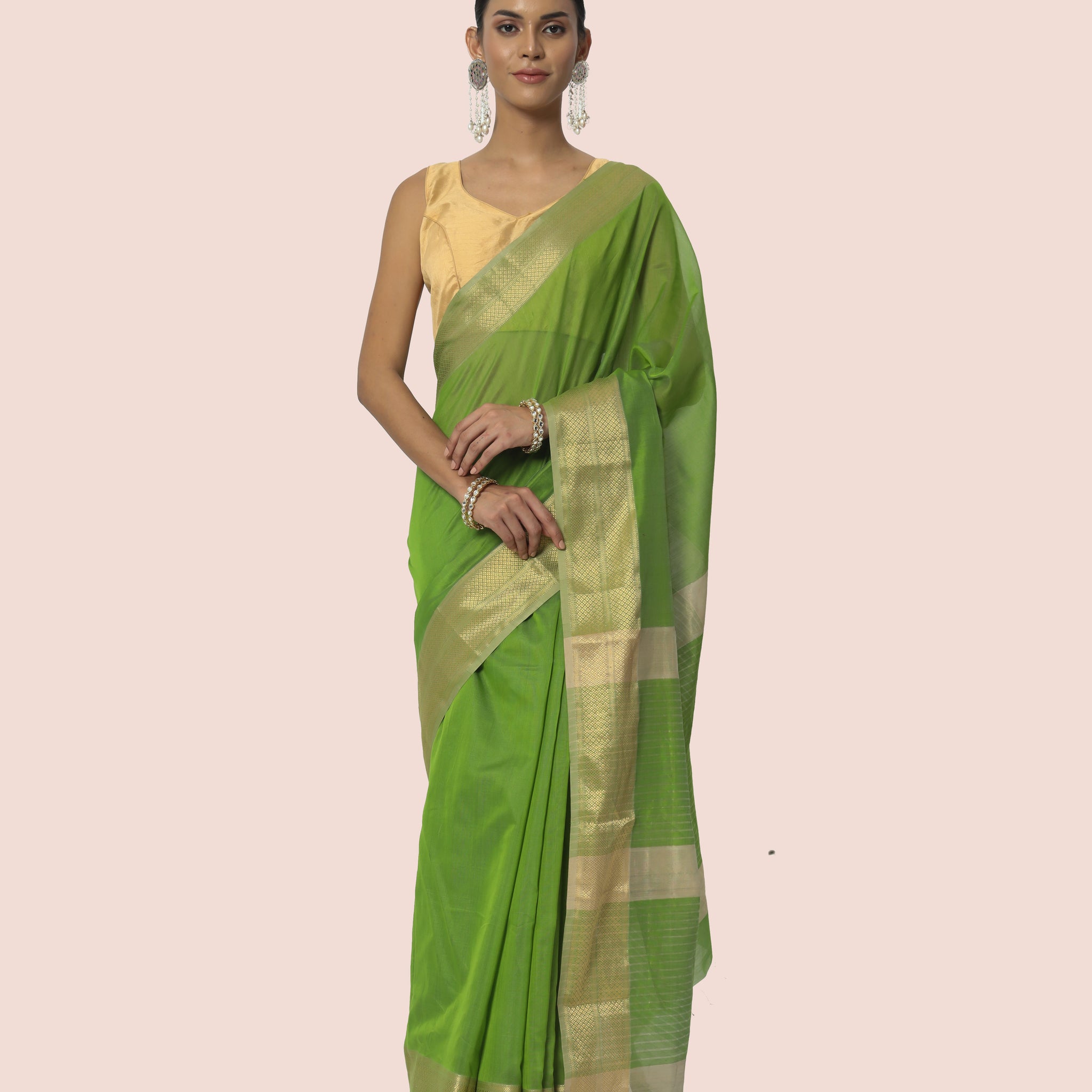 Mint Green Maheshwari Handwoven with Gold Jari Border