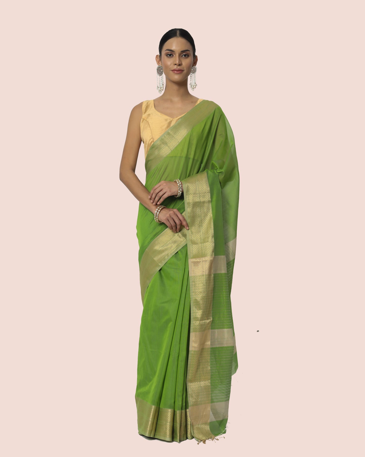 Mint Green Maheshwari Handwoven with Gold Jari Border