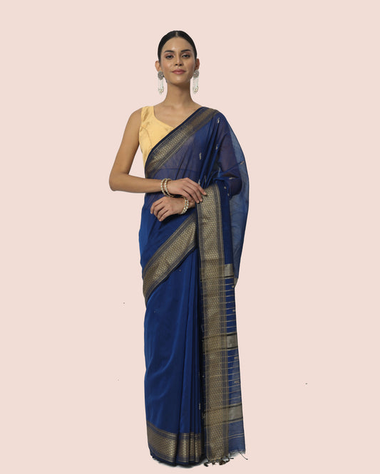 Navy Blue Maheshwari Handwoven silk cotton with silk border