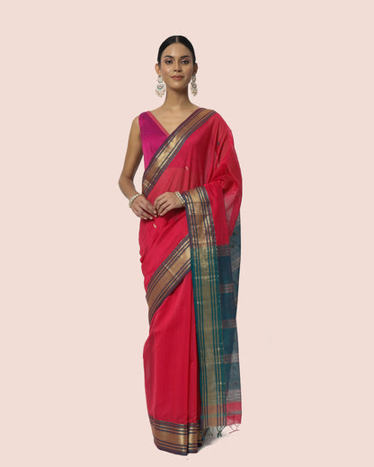 Maroon Red with Gold Jari and Butti Pallu Maheshwari Saree