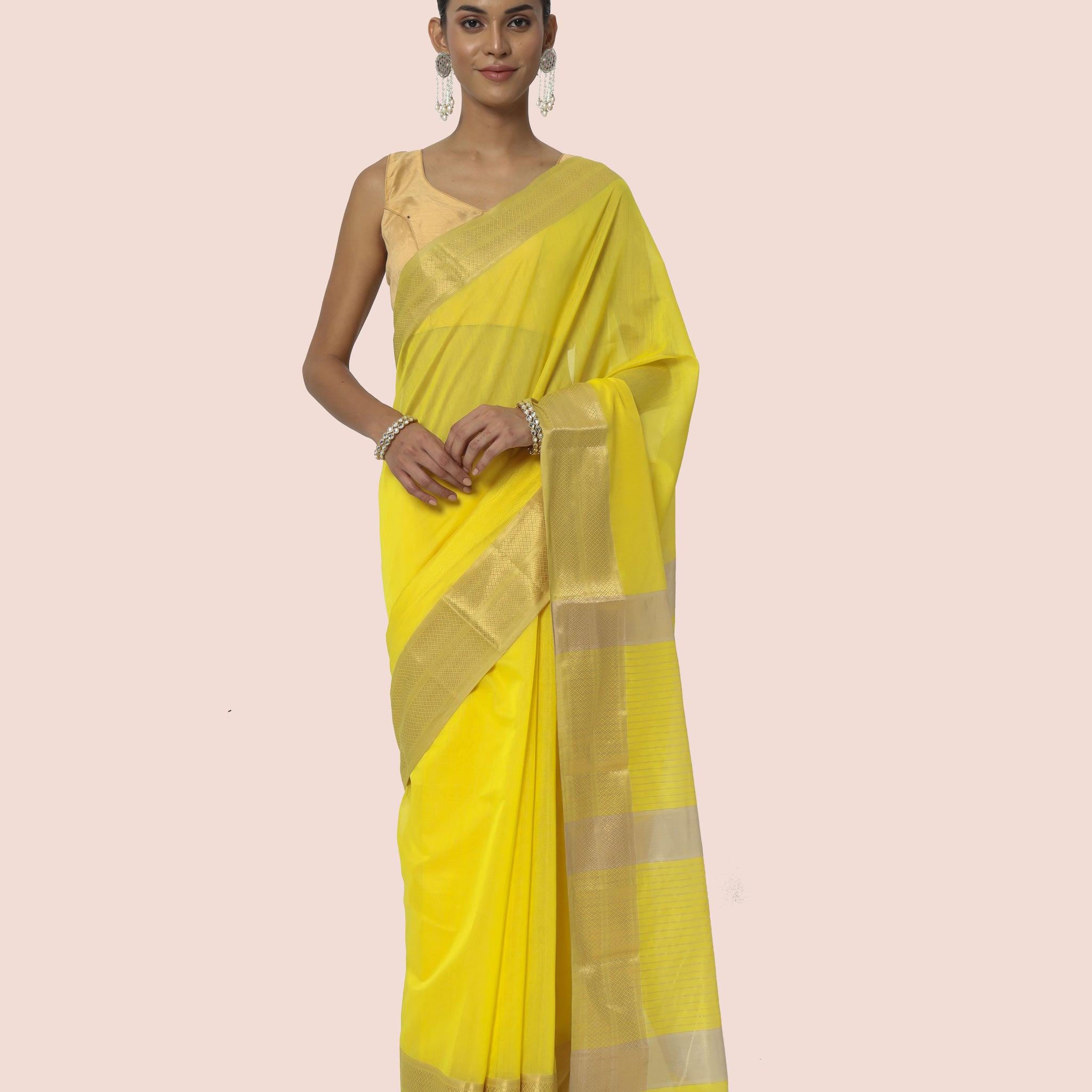 Ethnic Yellow Maheshwari Silk Cotton With Jari