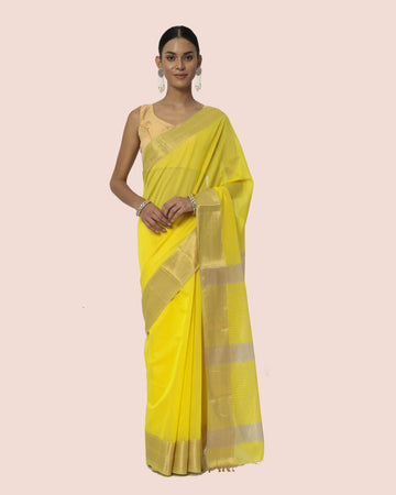 Ethnic Yellow Maheshwari Silk Cotton With Jari