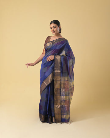 Navy Blue Tie Dye Maheshwari Handwoven Silk Cotton Saree