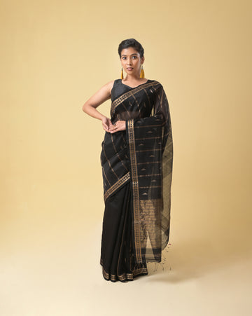 Black Maheshwari Handwoven Silk Cotton Jari Booti Pallu