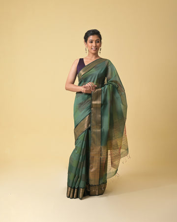 Green Tie Dye Maheshwari Handwoven Silk Cotton Saree