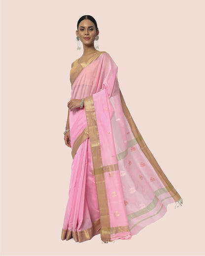 Light Pink Maheshwari Handwoven saree with gold jari butta's