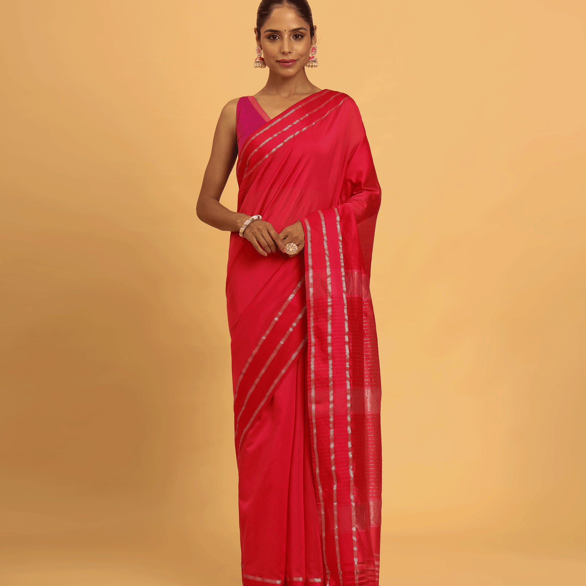 Cherry Red Maheshwari Resham Border Saree