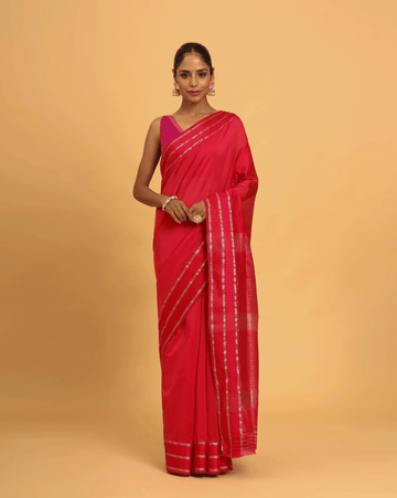 Cherry Red Maheshwari Resham Border Saree