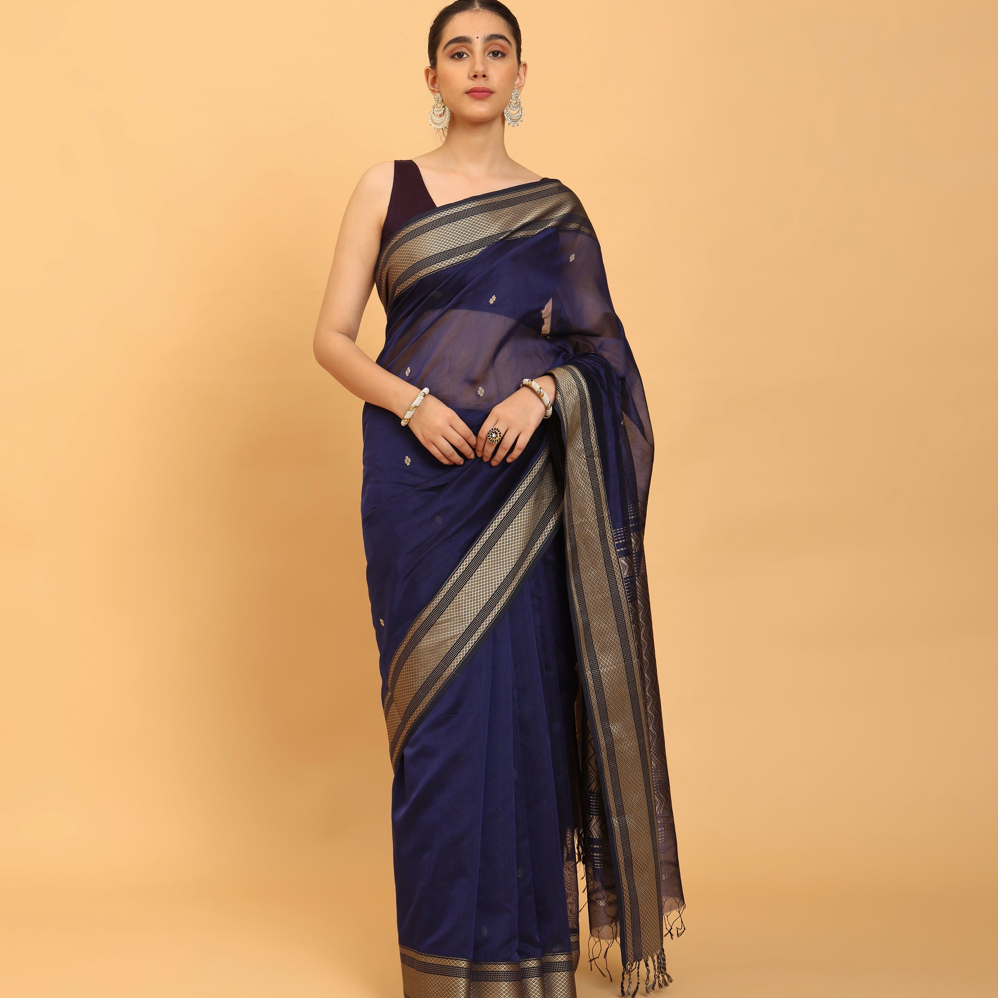 Navy Blue Maheshwari Handwoven Resham Jalla Pallu