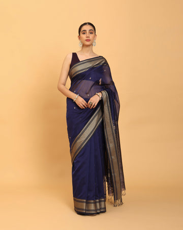 Navy Blue Maheshwari Handwoven Resham Jalla Pallu