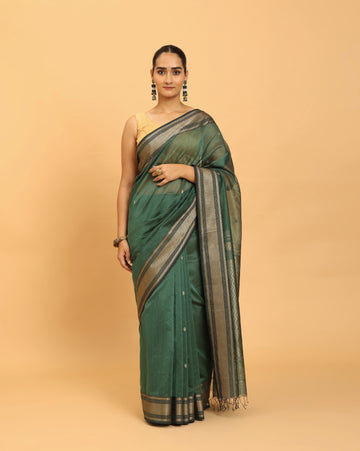 Emerald Green Maheshwari Handwoven Resham Jalla Pallu Saree