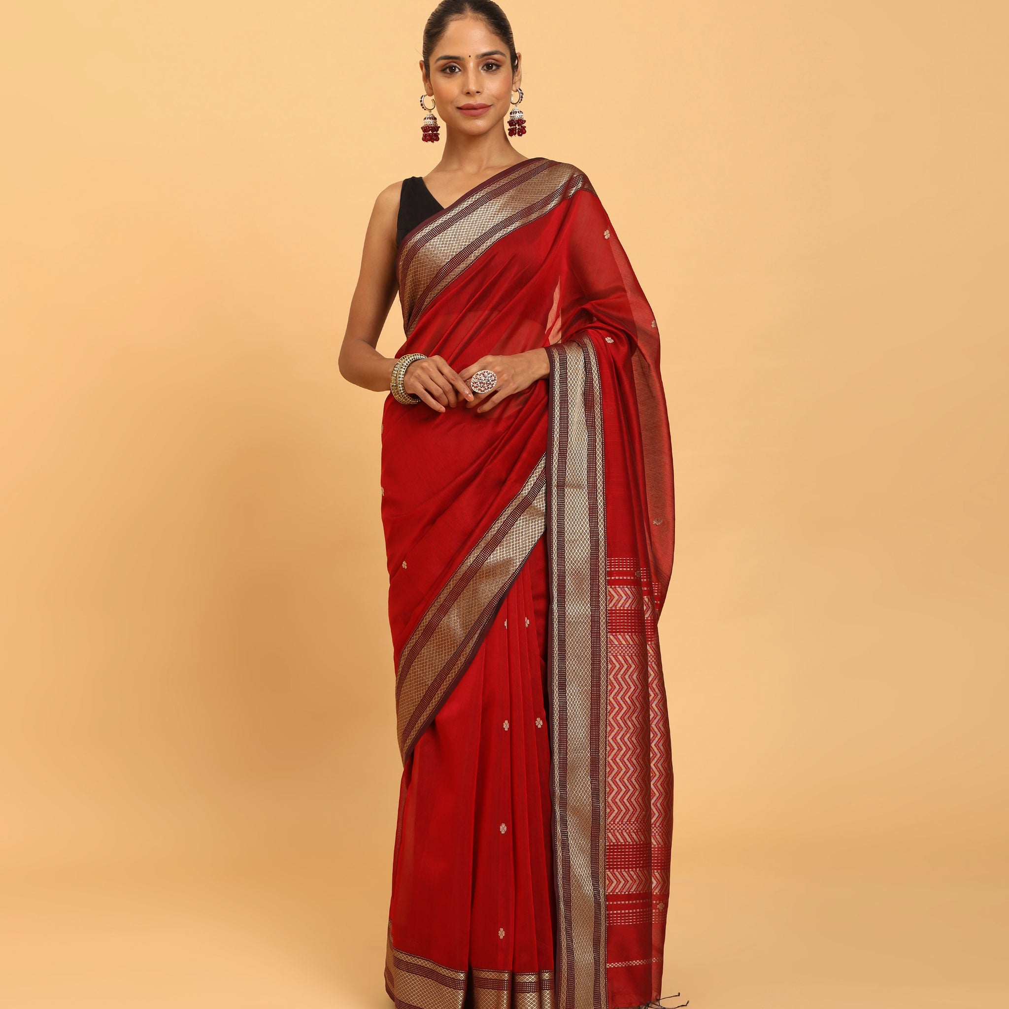 Rust Red Resham Border Handwoven Jalla Pallu Saree