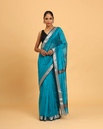 Rama Blue Maheshwari Silk Cotton Silver Jari Butti Saree