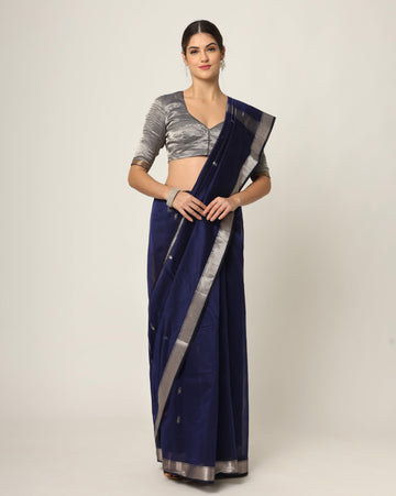 Purple Maheshwari Handloom Silk Cotton With SIlver Jari Booti