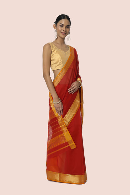 Rust Red Maheshwari Silk cotton with Mustard jari border