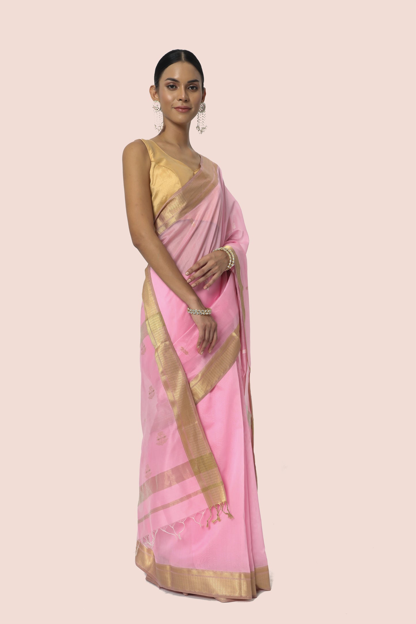 Light Pink Maheshwari Handwoven saree with gold jari butta's