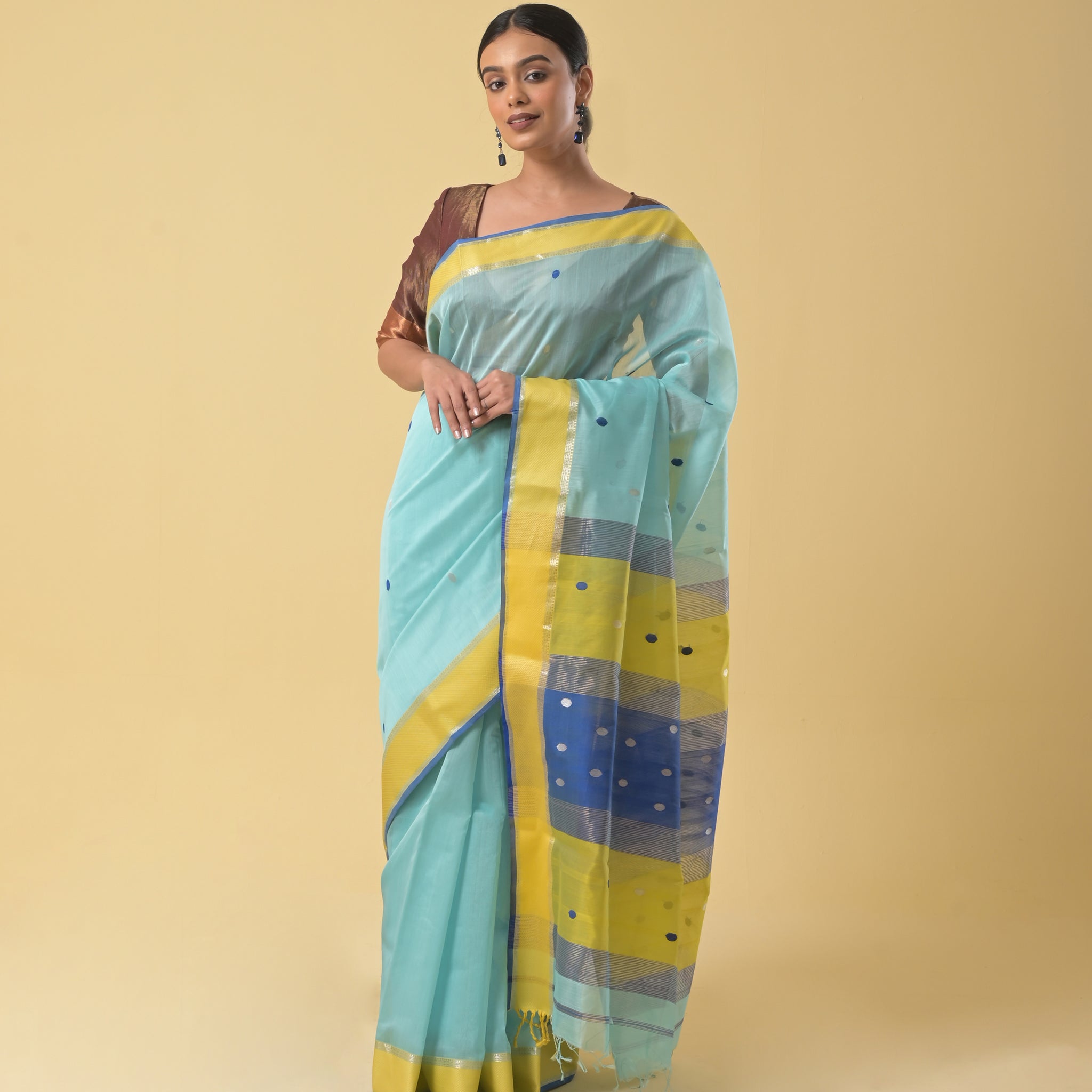 Sea Green Pastel Maheshwari Handwoven Silk Cotton Jari Pallu