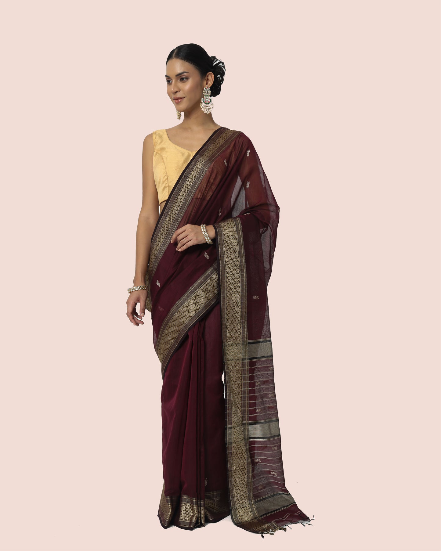 Rosewood Wine With Silk Border Butti Pallu Maheshwari Saree