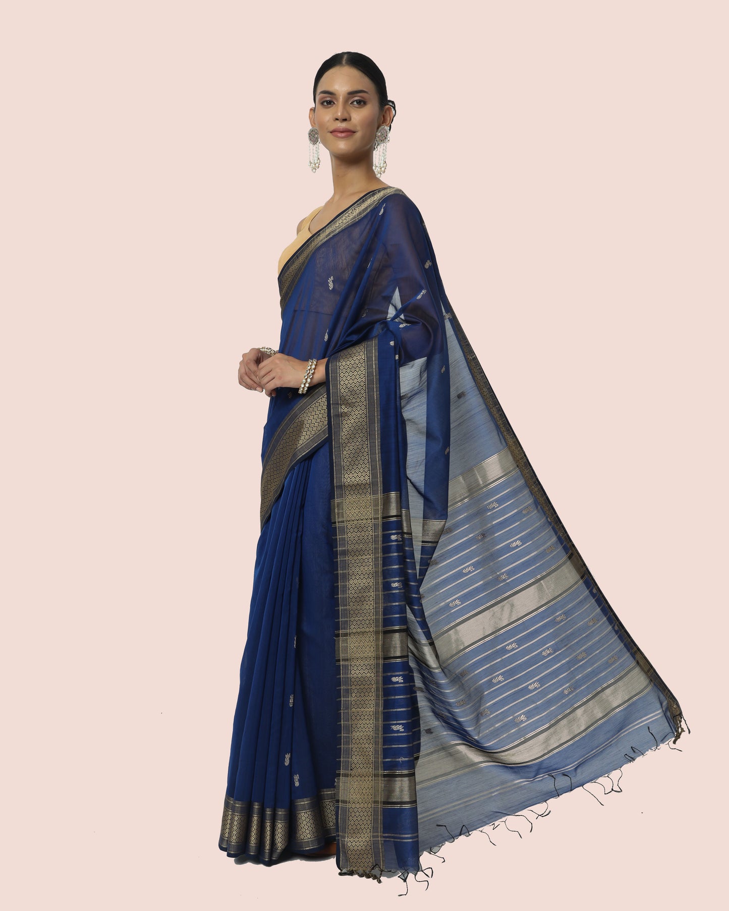 Navy Blue Maheshwari Handwoven silk cotton with silk border