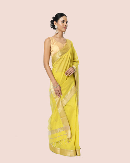 Yellow Lime Gold Jari Butta's Maheshwari Saree