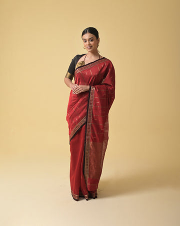 Rust Red Maheshwari Handwoven Silk Cotton Jari Booti Saree