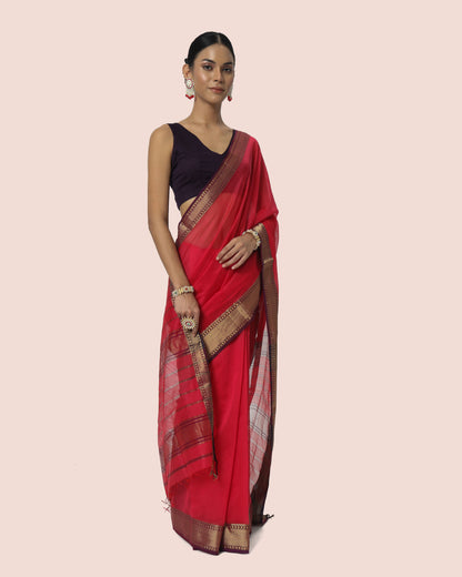 Crimson Red with Gold Jari Maheshwari Saree