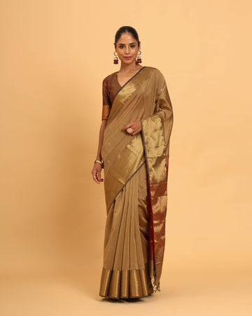 Beige Maheshwari Handwoven Jari Butti Saree