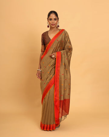 Beige Maheshwari Handwoven Pramid Motif Butti Saree