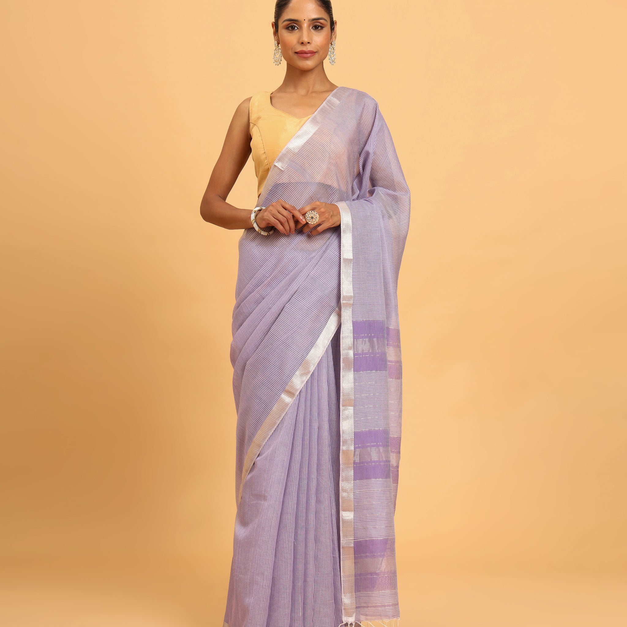 Lilac Maheshwari Handwoven Checks Silver Jari Saree