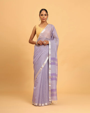 Lilac Maheshwari Handwoven Checks Silver Jari Saree