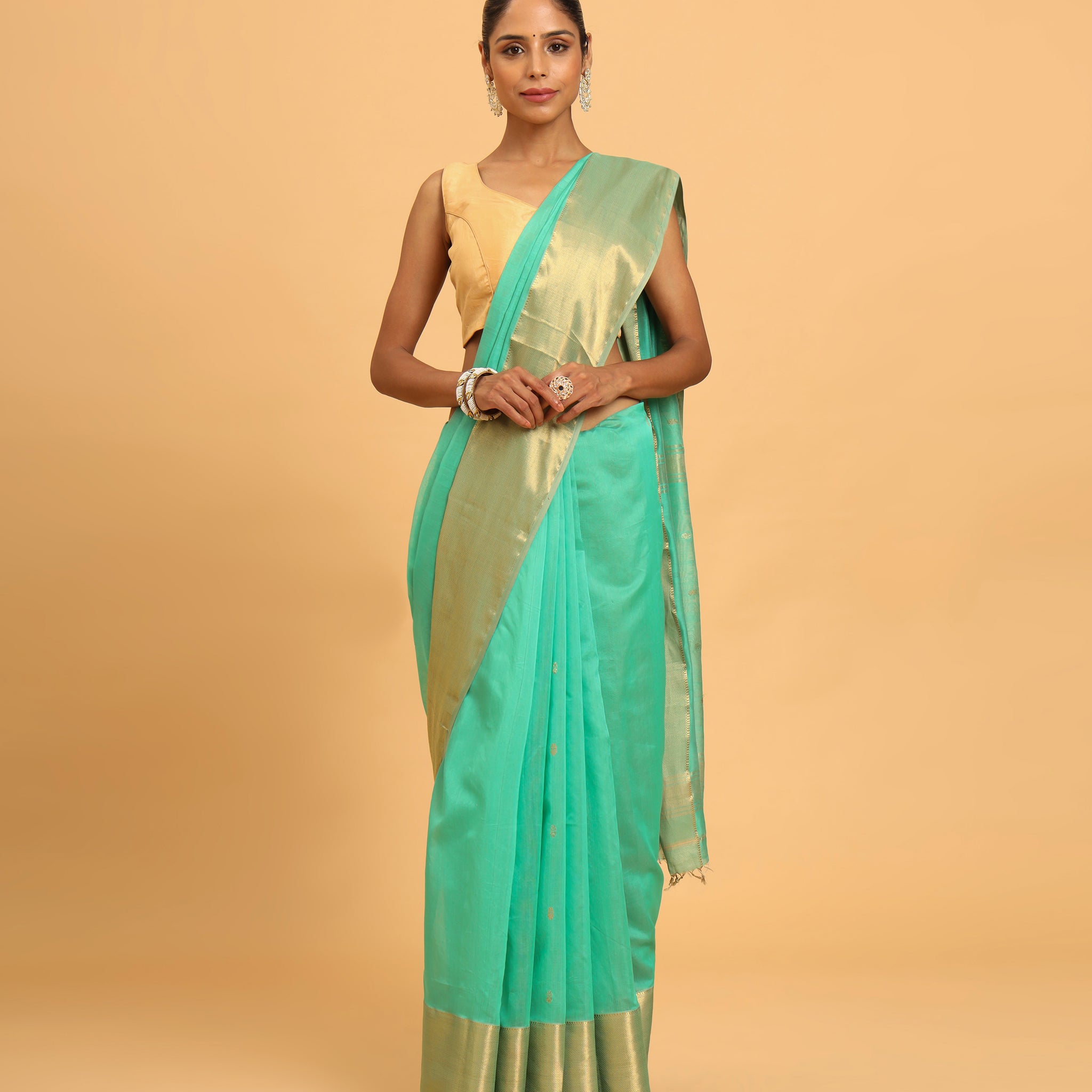 Sea Green Maheshwari Jari Lehriya Border Silk Cotton Saree