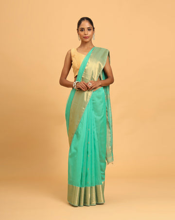 Sea Green Maheshwari Jari Lehriya Border Silk Cotton Saree