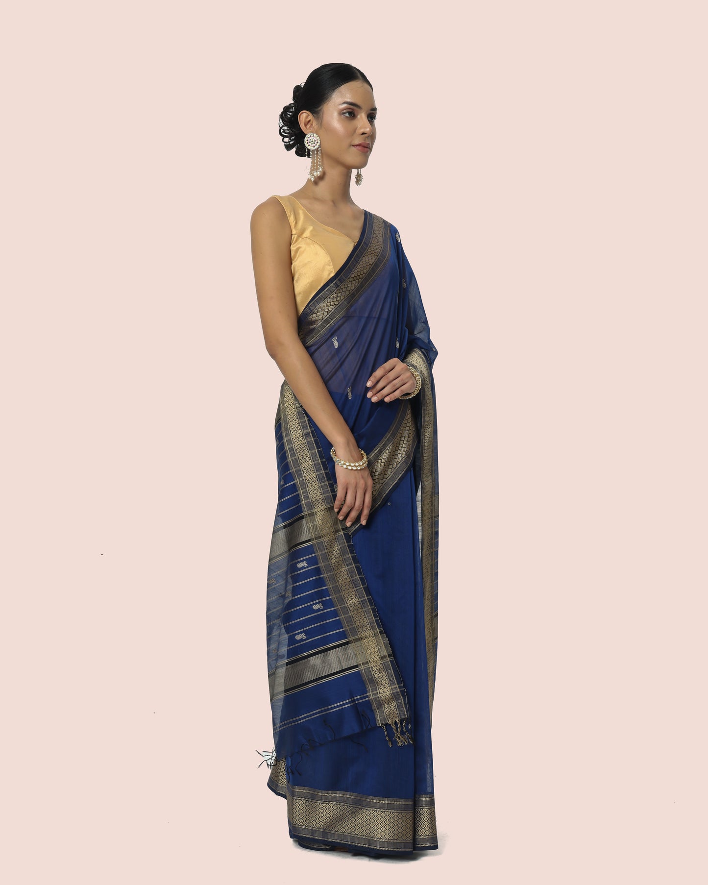 Navy Blue Maheshwari Handwoven silk cotton with silk border