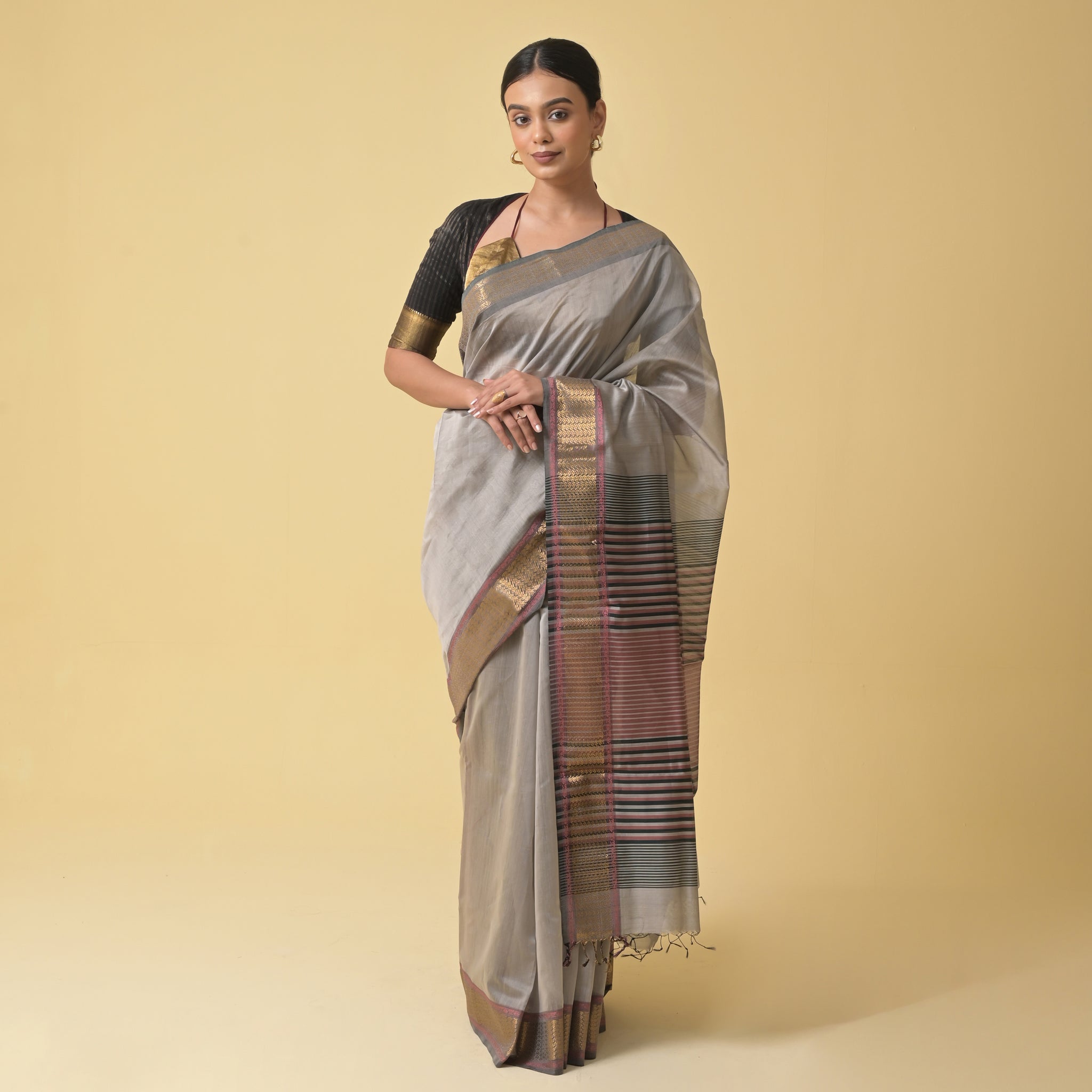 Grey Maheshwari Handwoven Silk Cotton Saree