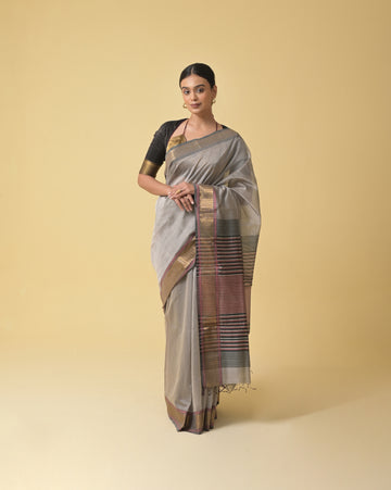 Grey Maheshwari Handwoven Silk Cotton Saree