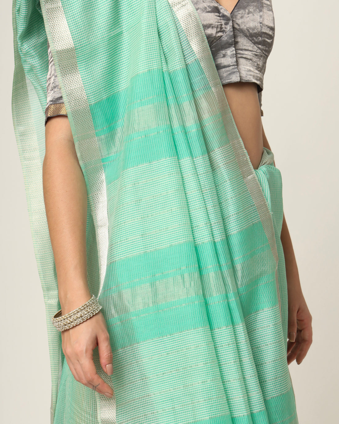 Teal Green Maheshwari Handwoven Silk Cotton Silver Jari Border