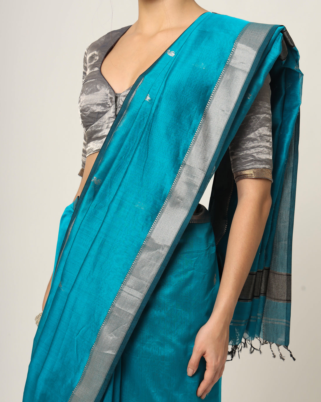 Rama Blue Maheshwari Handloom Silk Cotton With Silver Jari Booti