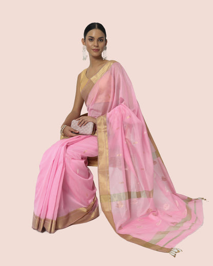 Light Pink Maheshwari Handwoven saree with gold jari butta's