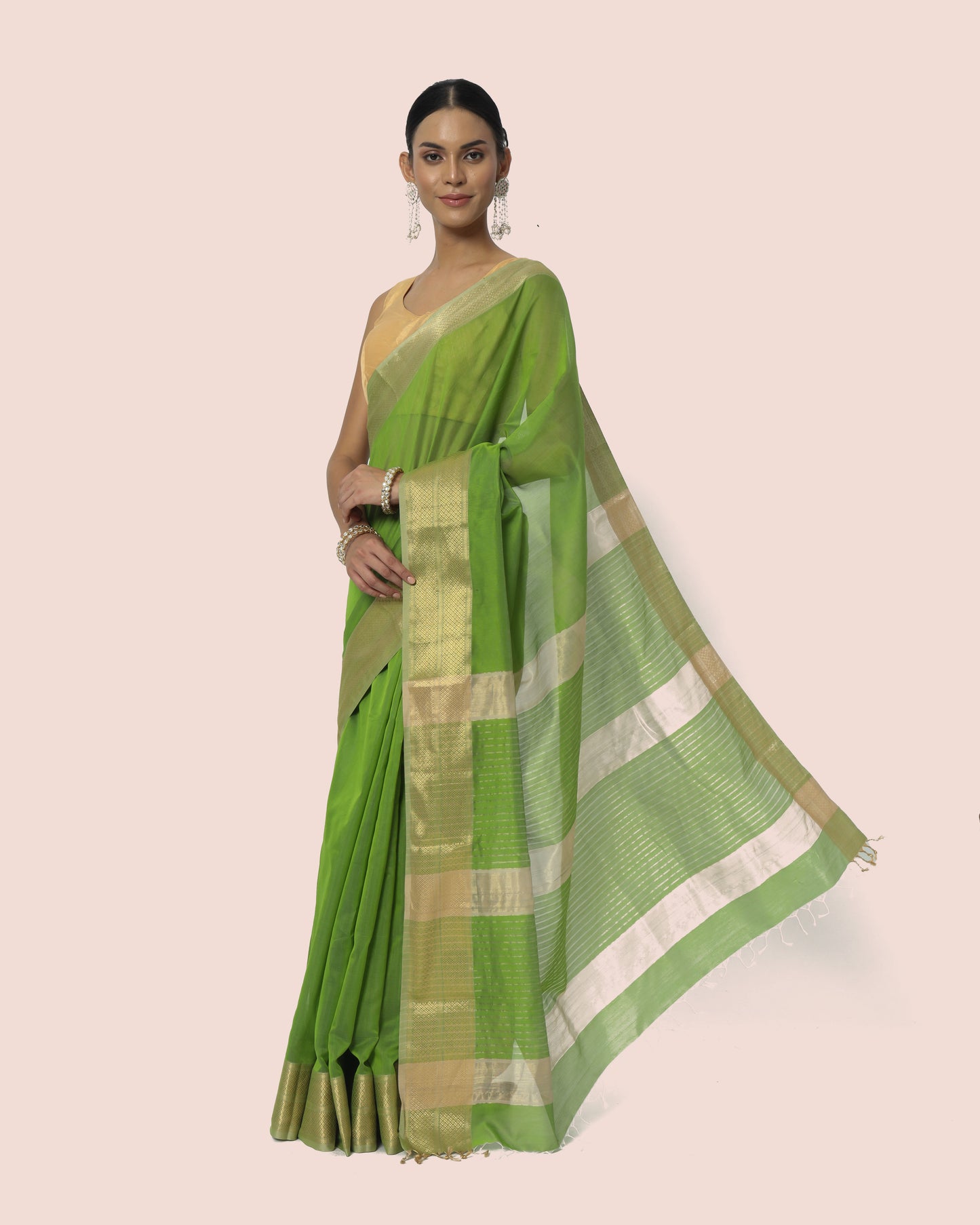 Mint Green Maheshwari Handwoven with Gold Jari Border