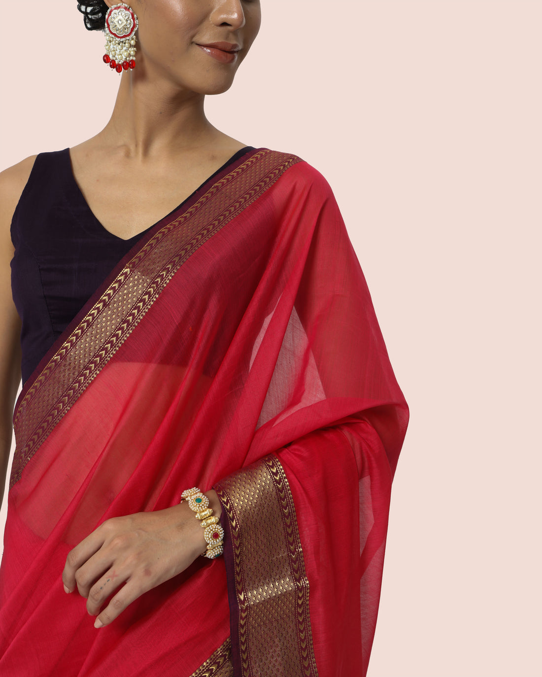 Crimson Red with Gold Jari Maheshwari Saree