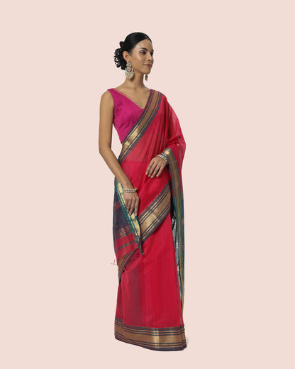 Maroon Red with Gold Jari and Butti Pallu Maheshwari Saree