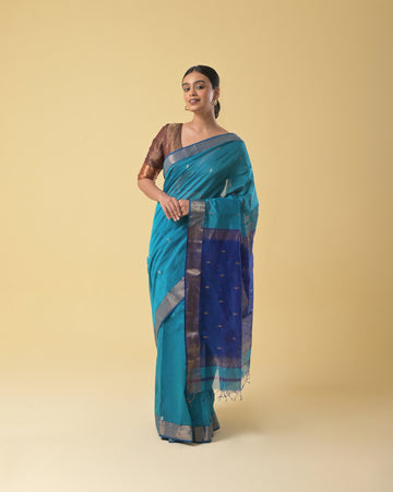 Blue Maheshwari Handwoven Silk Cotton Jari Booti Pallu