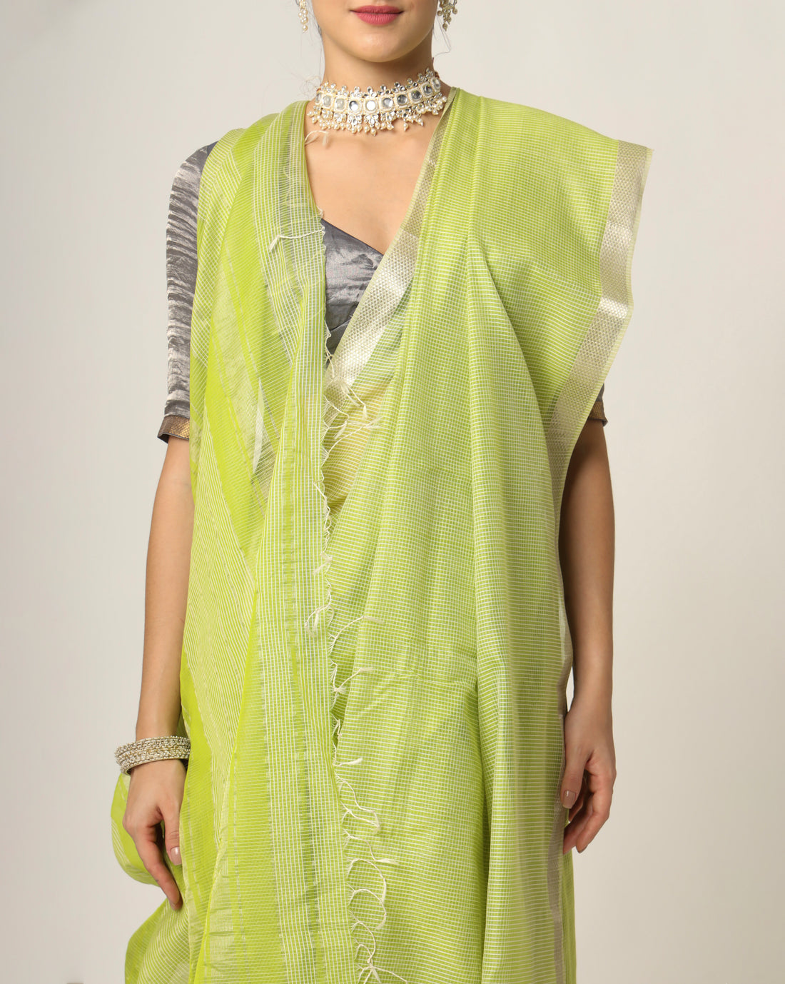 Lime Yellow Maheshwari Handloom Silk cotton Silver Jari Border