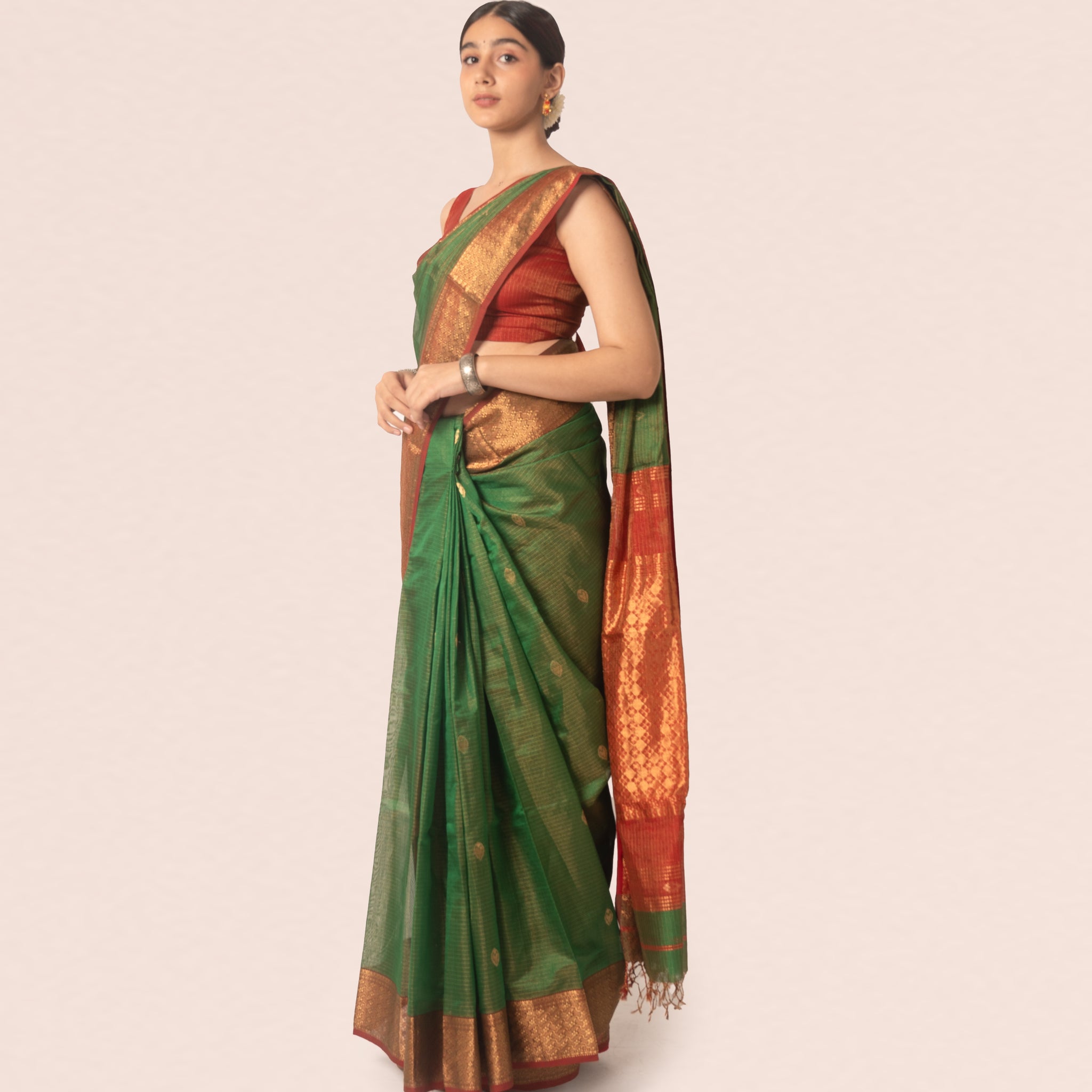 Light Green Pure Tissue Silk Maheshwari Saree With Multicolour Palla and Zari Border