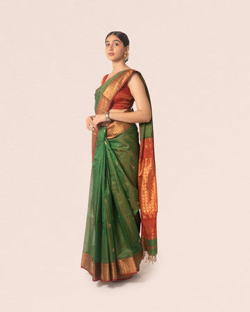 Light Green Pure Tissue Silk Maheshwari Saree With Multicolour Palla and Zari Border