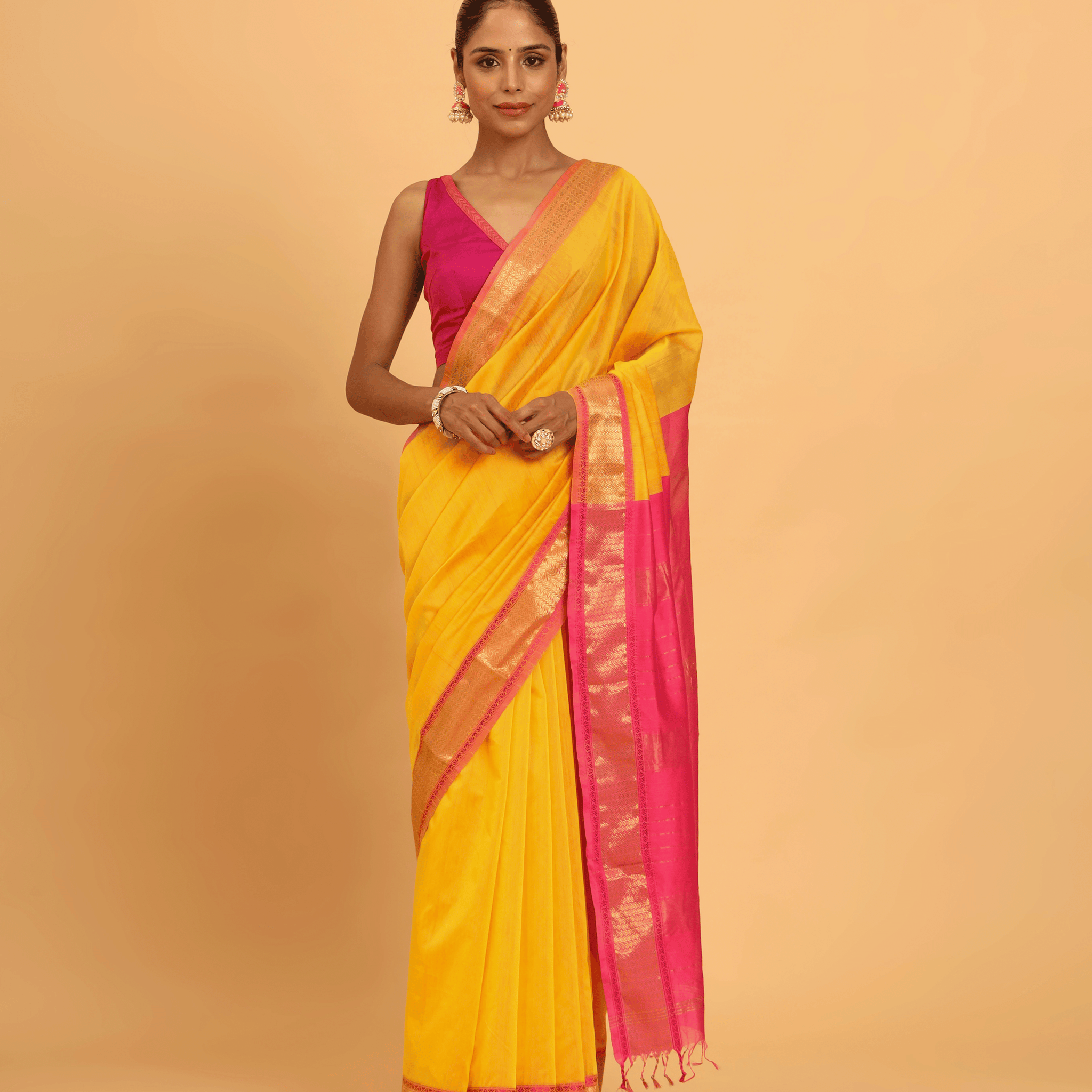 Marigold Yellow Maheshwari Handwoven With Beautiful Pink Jari Pallu