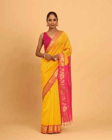 Marigold Yellow Maheshwari Handwoven With Beautiful Pink Jari Pallu