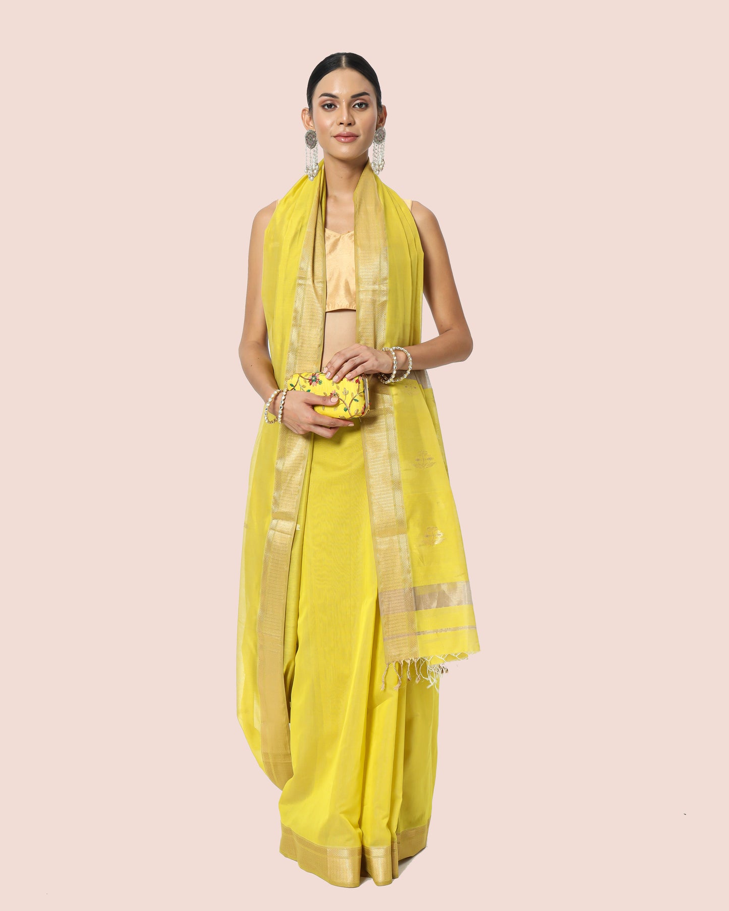 Yellow Lime Gold Jari Butta's Maheshwari Saree