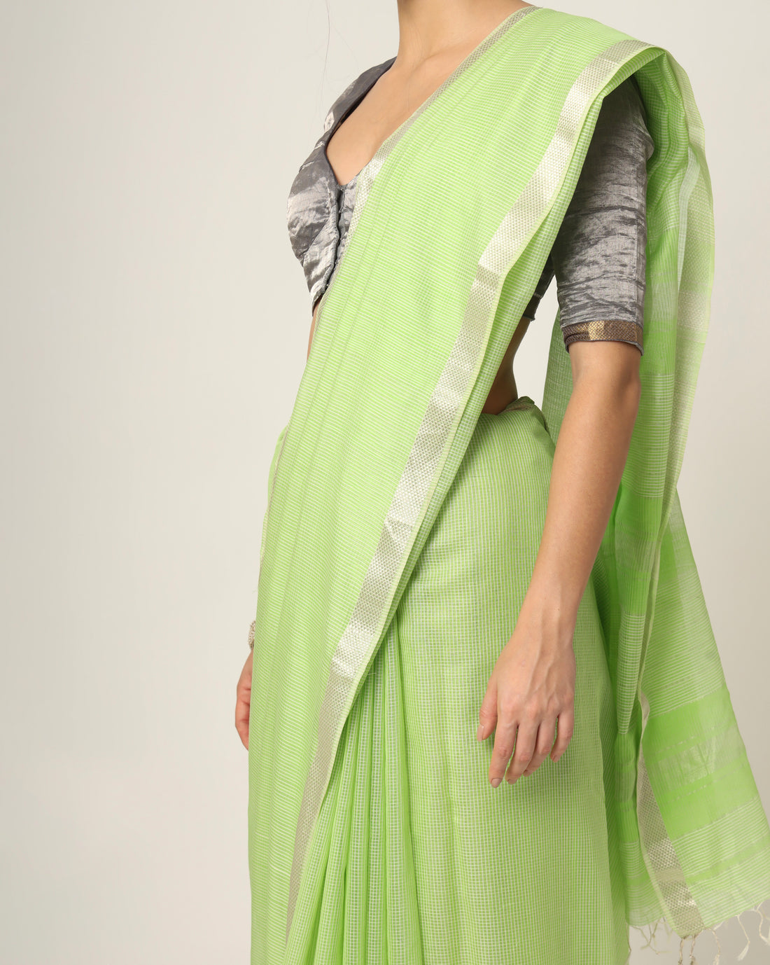 Pista Green Check Maheshwari Handwoven Silk Cotton Silver Jari Border